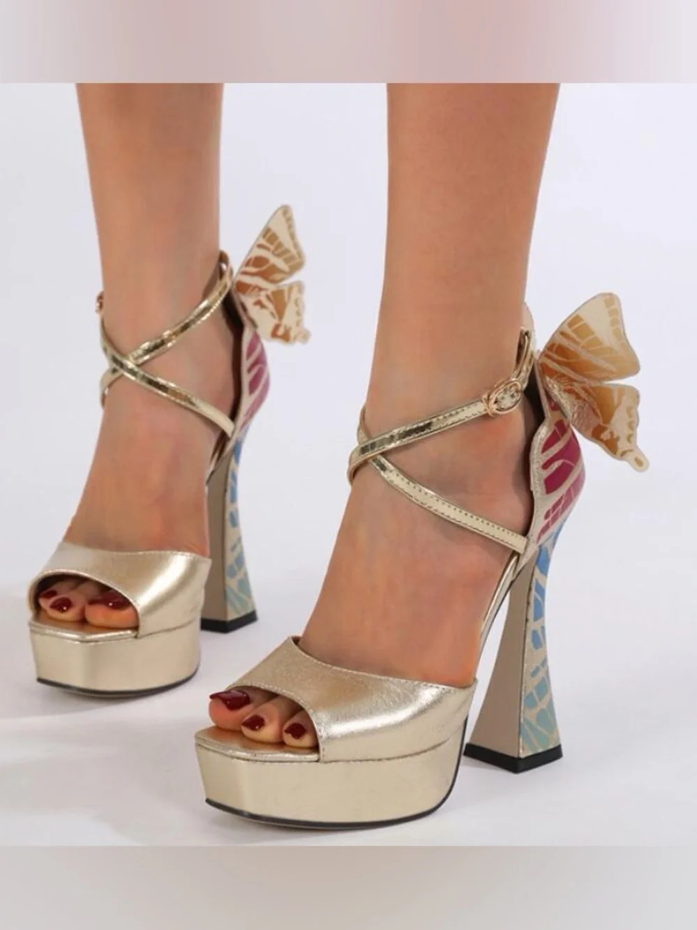 Gold Butterfly-Accent Platform Heels - Multicolor Detail - Picture 2 of 5